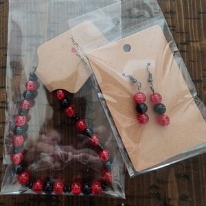 Red and Black Beaded Bracelet And Earring Set
